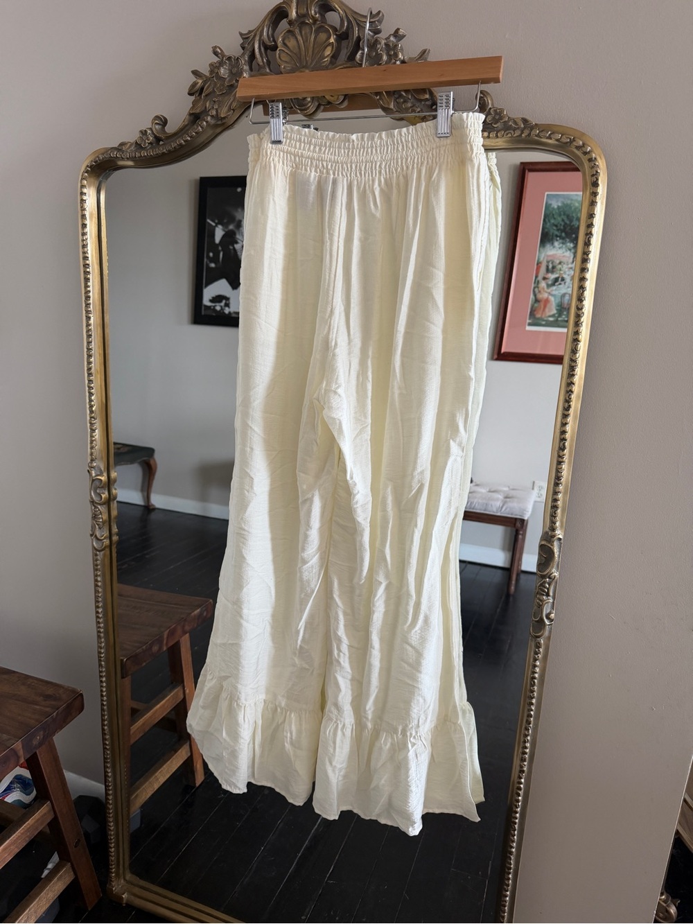 Women's Cream Ruffled Pants with Drawstring Waist - Picture 5 of 6